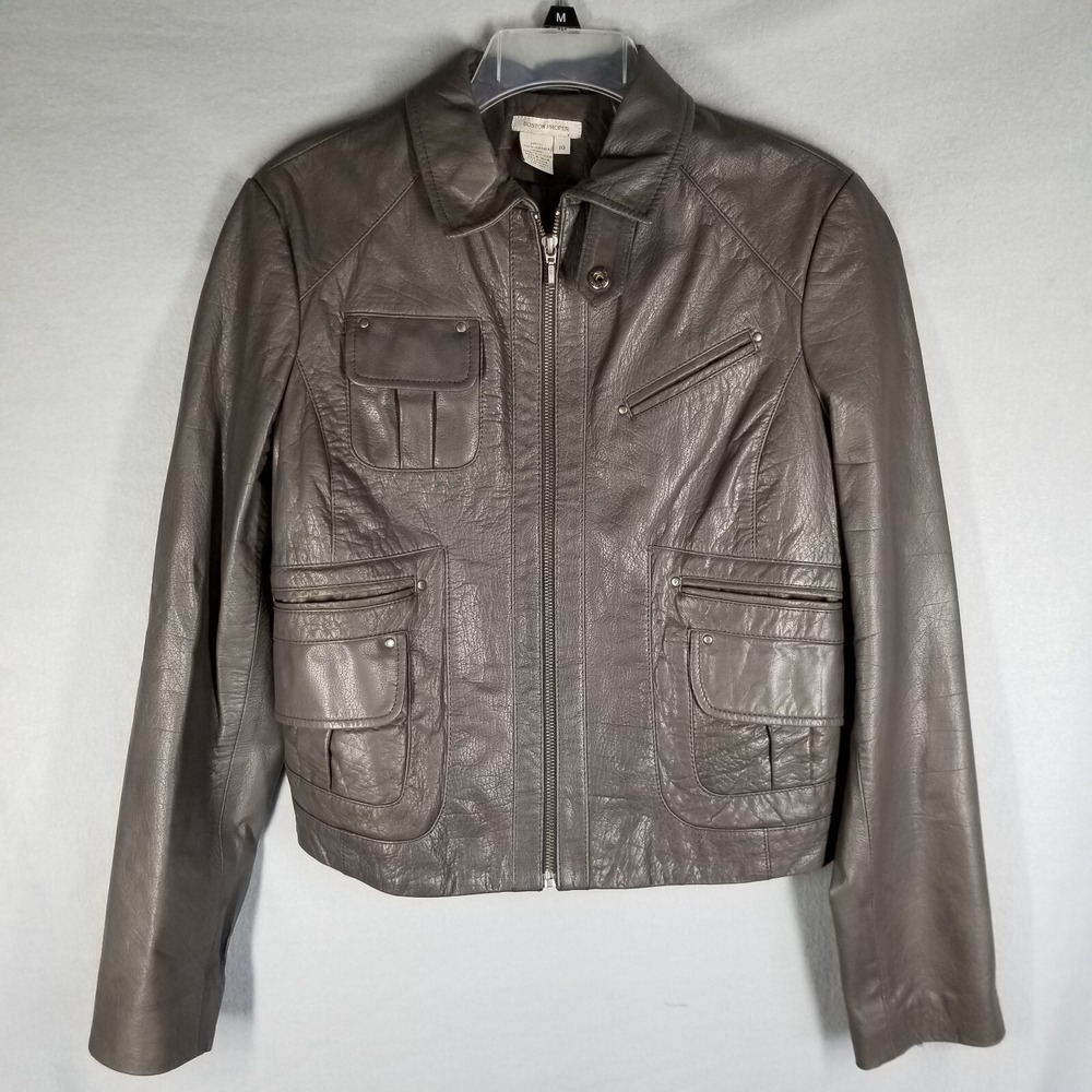 BOSTON PROPER Jacket Women's 10 Lined Long Sleeve Full Zip Leather Gray Pockets
